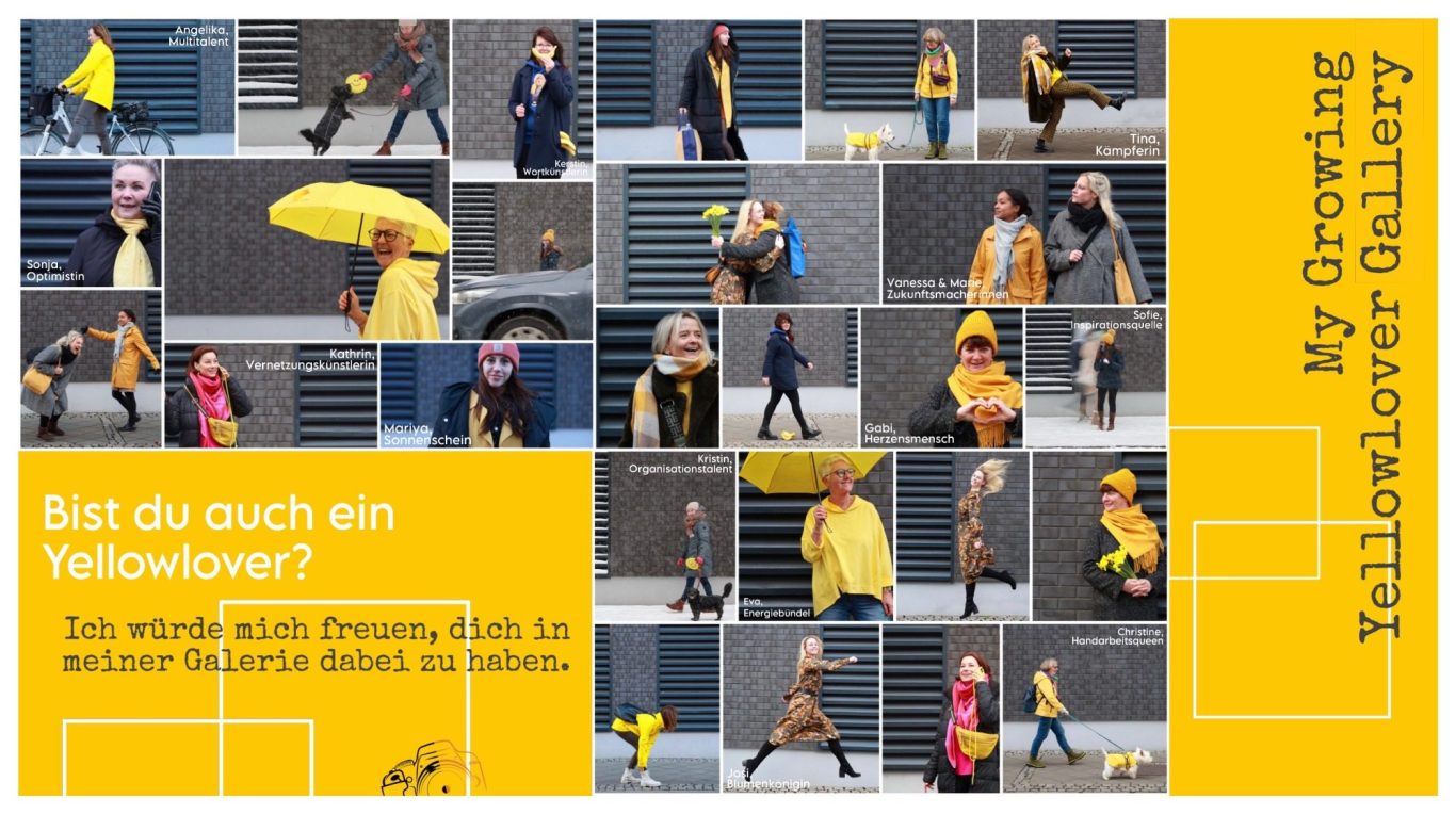 Menschen in gelber Kleidung posieren vor grauer Wand, Fragen zur Farbe in der Überschrift.